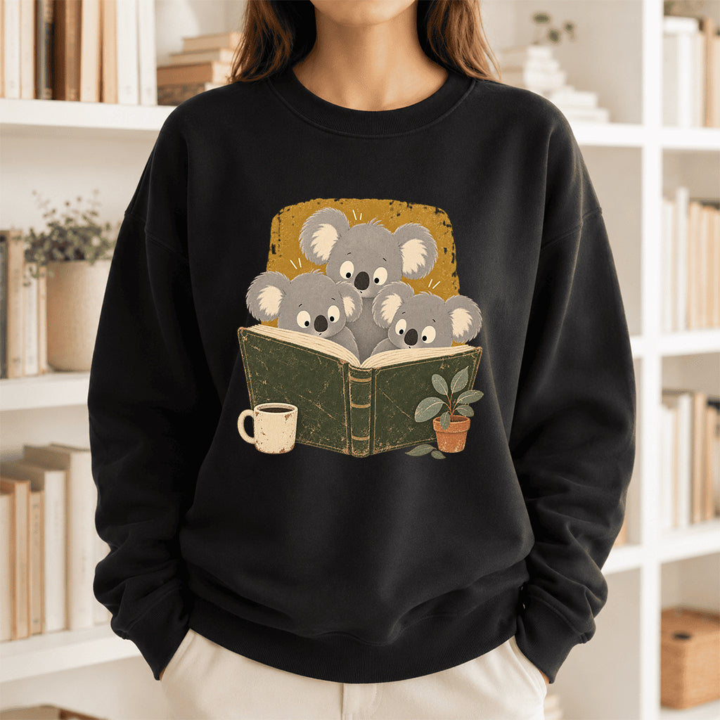 Minimal Japanese Koalas Reading Crewneck Sweatshirt | Reader Gift Black