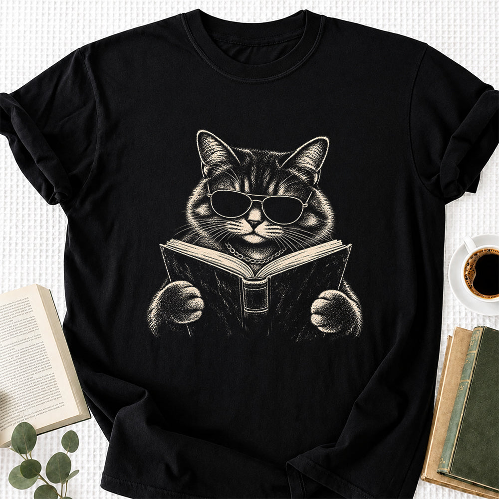 Cat Reading Book Softstyle T-Shirt | Book Lover Gift Black