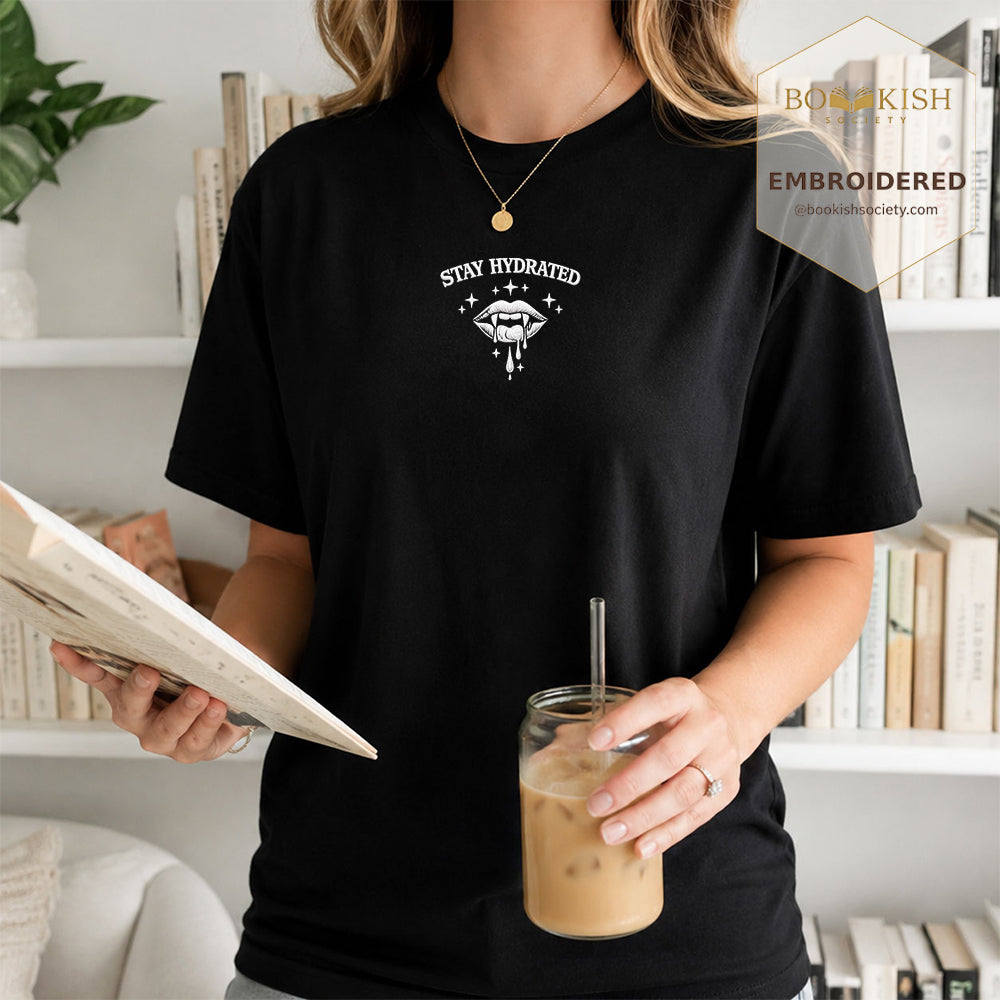 Embroidered Stay Hydrated Comfort Color ® T-shirt Book Lover Gift Black