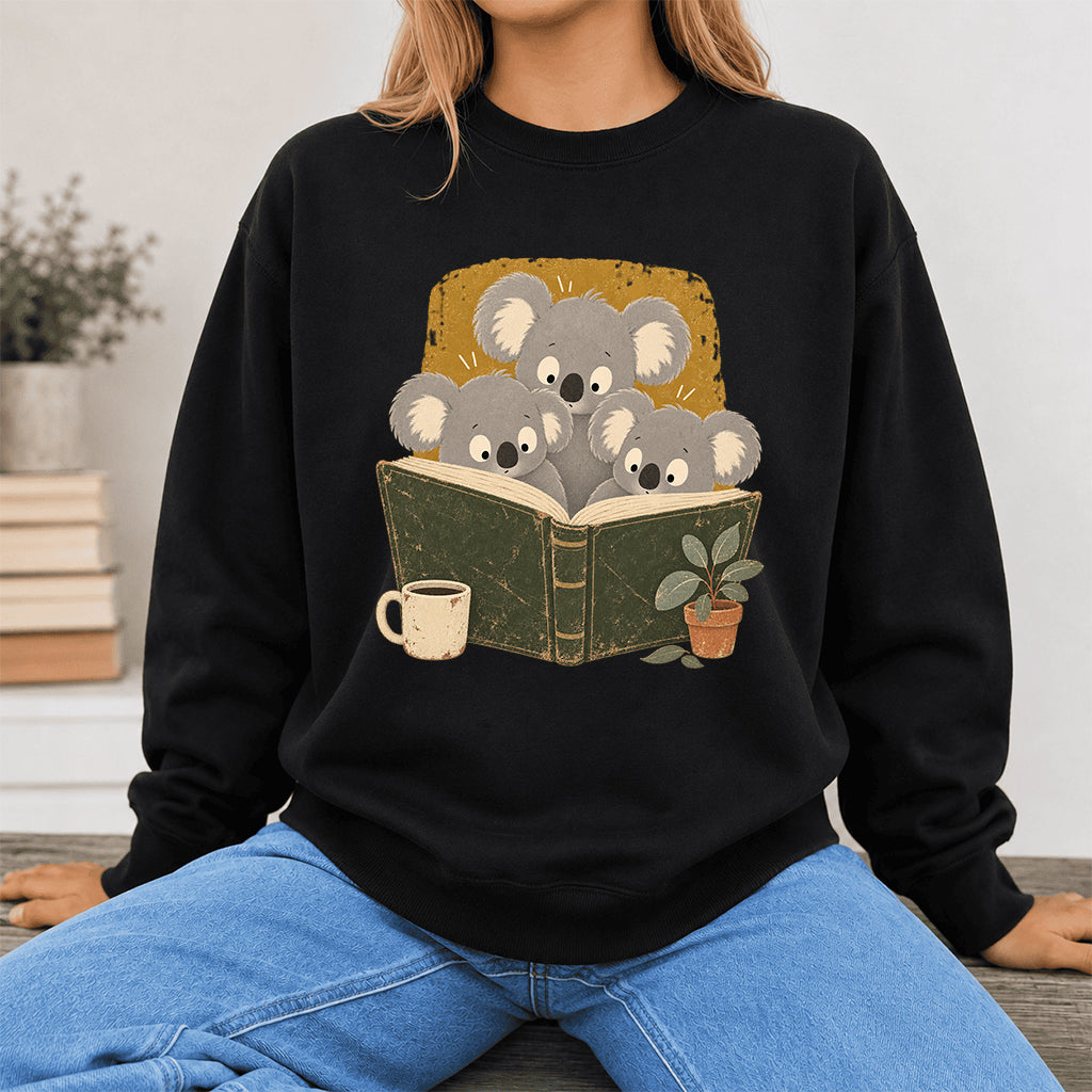 Minimal Japanese Koalas Reading Crewneck Sweatshirt | Reader Gift Black