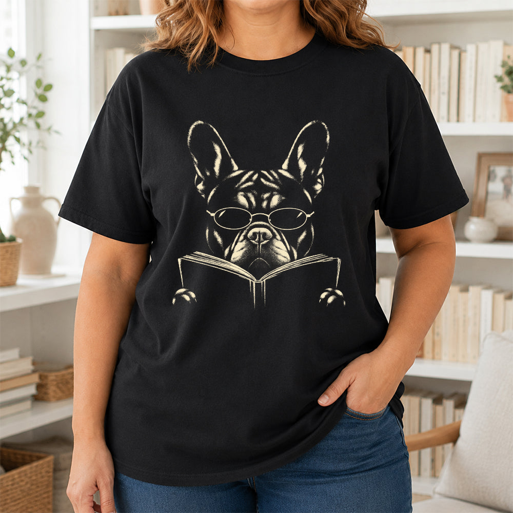 French Bulldog Reading Book Softstyle T-Shirt | Book Lover Gift Black