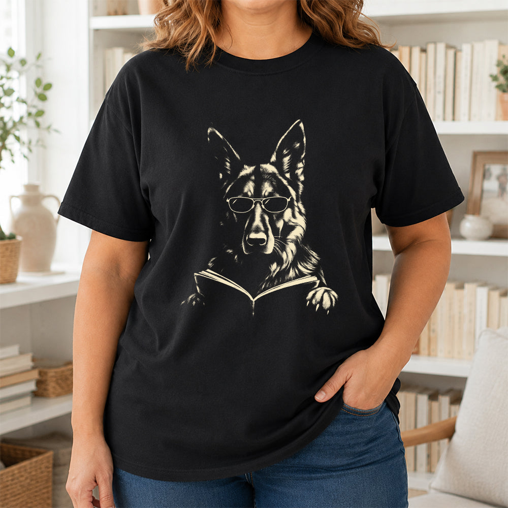 German Shepherd Reading Book Softstyle T-Shirt | Book Lover Gift Black