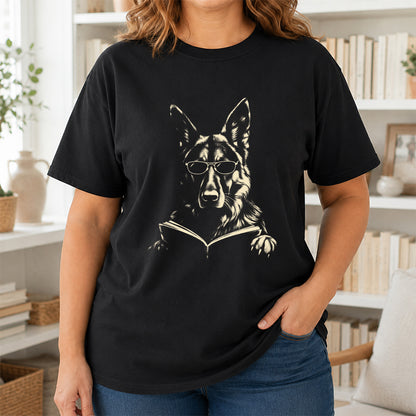 German Shepherd Reading Book Softstyle T-Shirt | Book Lover Gift Black