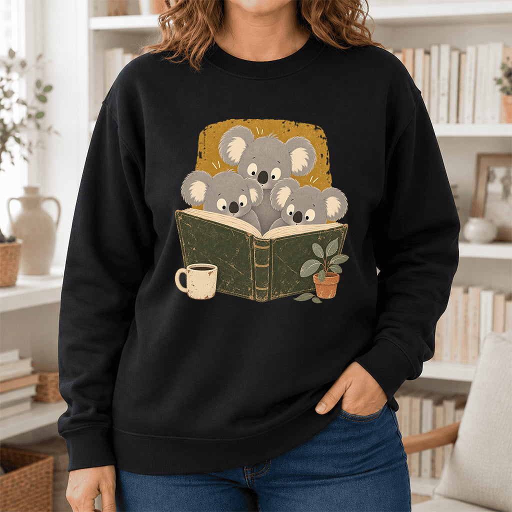 Minimal Japanese Koalas Reading Crewneck Sweatshirt | Reader Gift Black