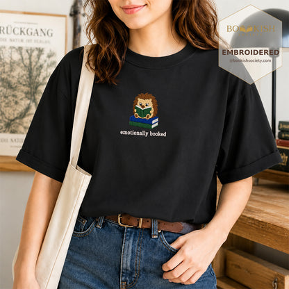 Emotionally Booked Embroidered Comfort Colors® T-shirt | Book Lover Gift Black