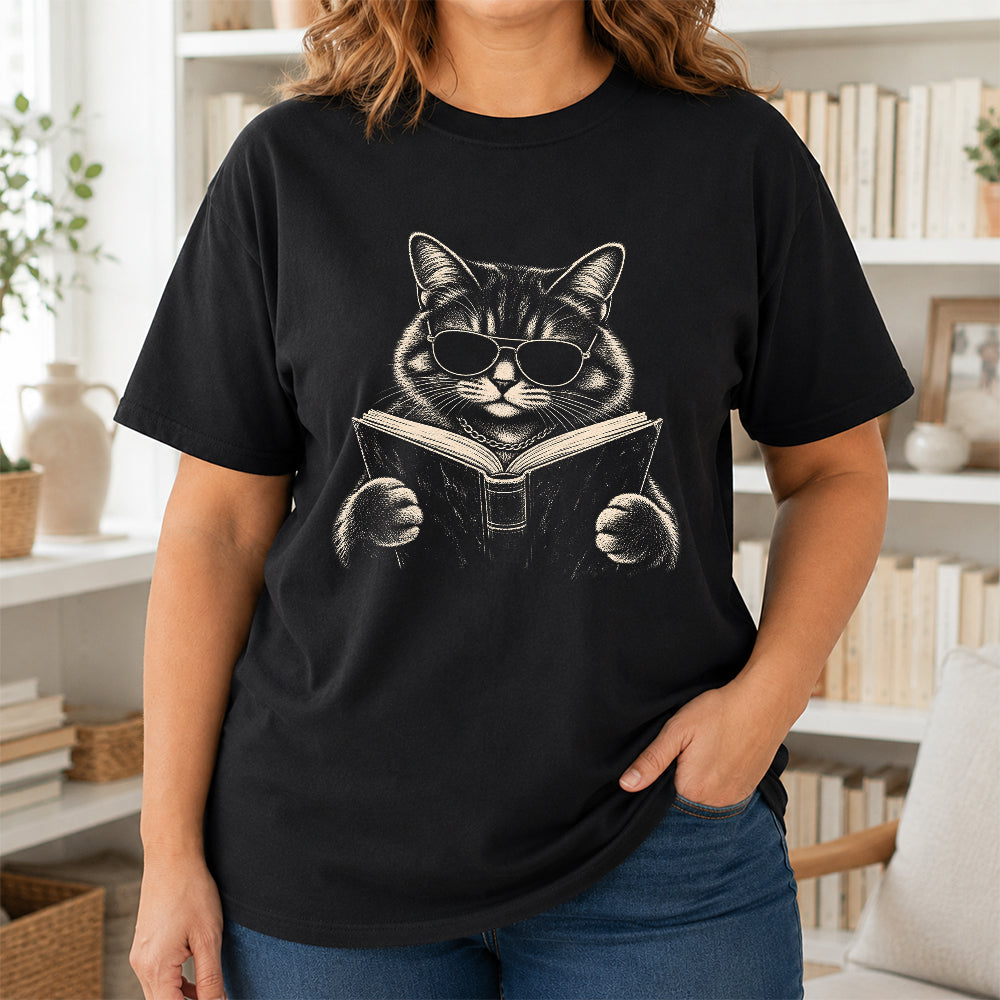 Cat Reading Book Softstyle T-Shirt | Book Lover Gift Black