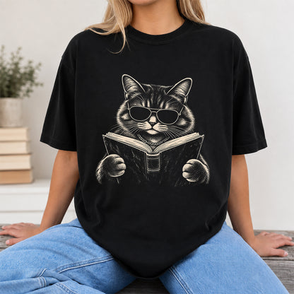 Cat Reading Book Softstyle T-Shirt | Book Lover Gift Black