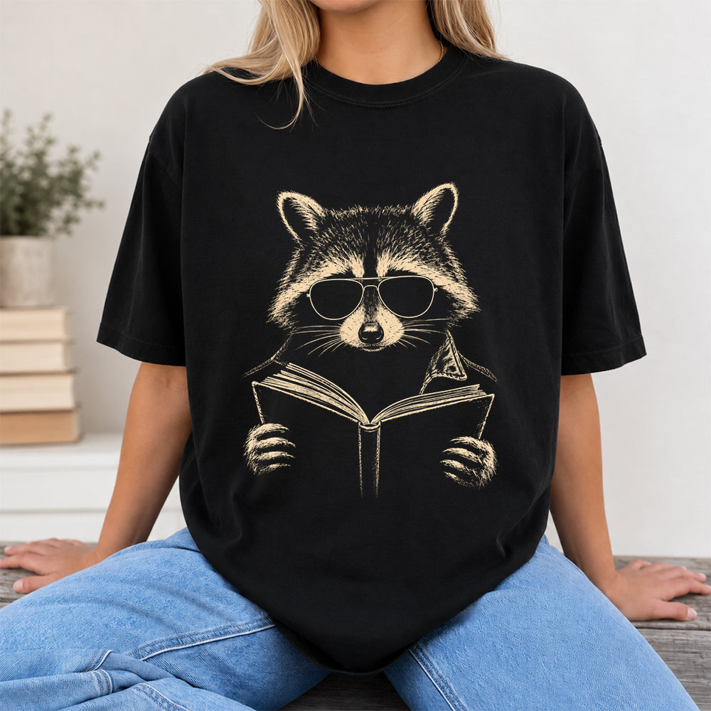 Raccoon Reading Book Softstyle T-Shirt | Book Lover Gift Black