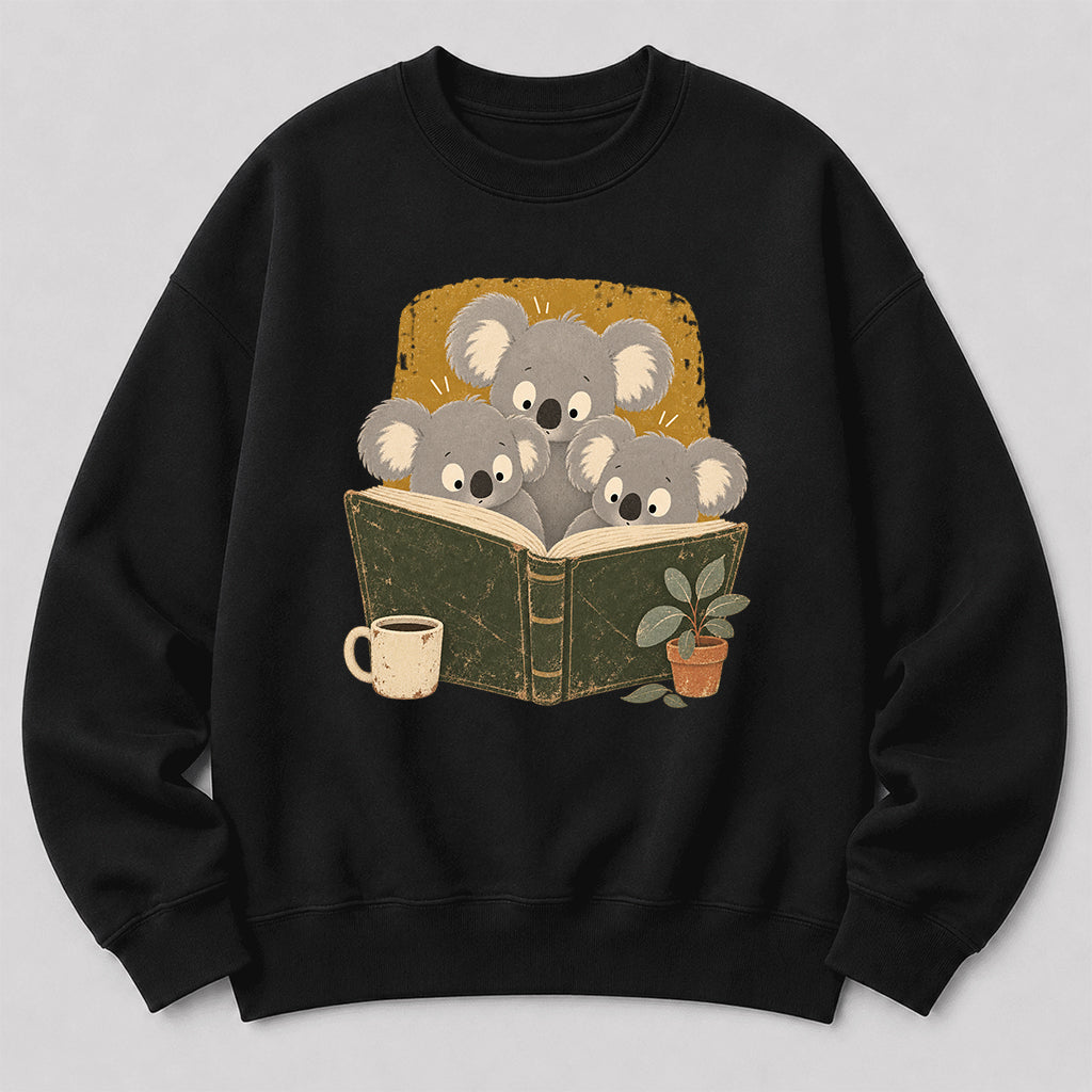 Minimal Japanese Koalas Reading Crewneck Sweatshirt | Reader Gift Black