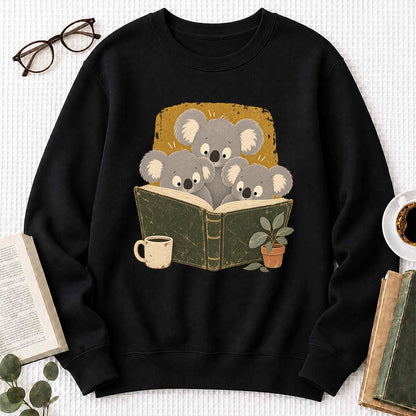 Minimal Japanese Koalas Reading Crewneck Sweatshirt | Reader Gift Black