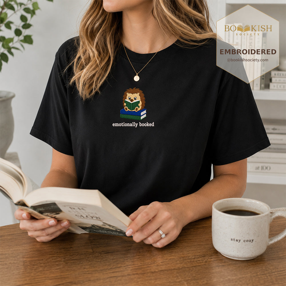 Emotionally Booked Embroidered Comfort Colors® T-shirt | Book Lover Gift Black