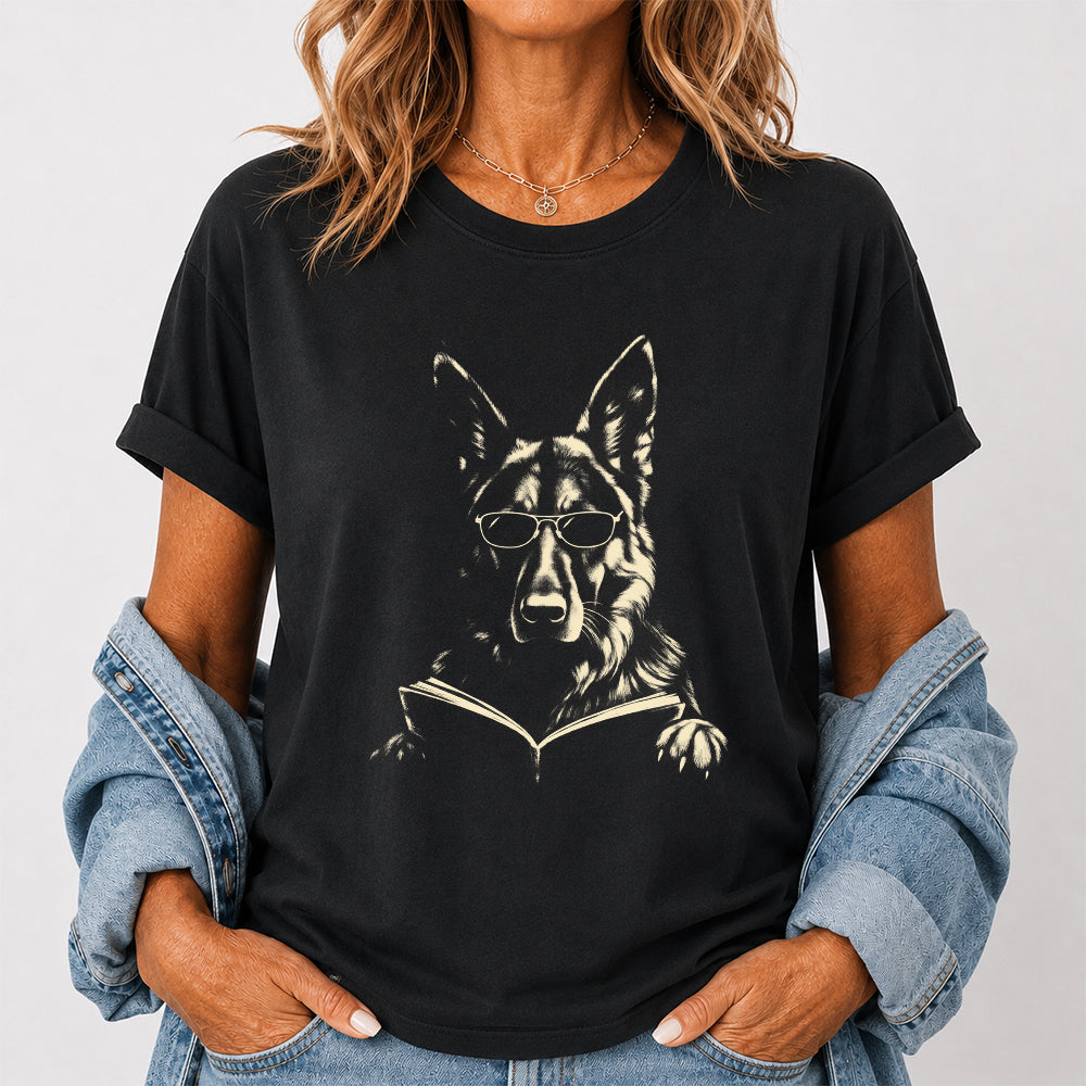German Shepherd Reading Book Softstyle T-Shirt | Book Lover Gift Black