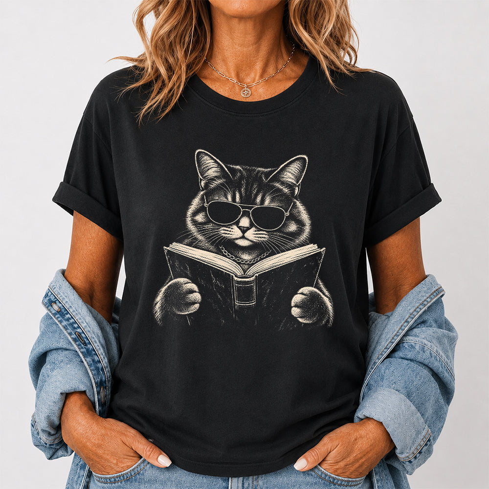 Cat Reading Book Softstyle T-Shirt | Book Lover Gift Black