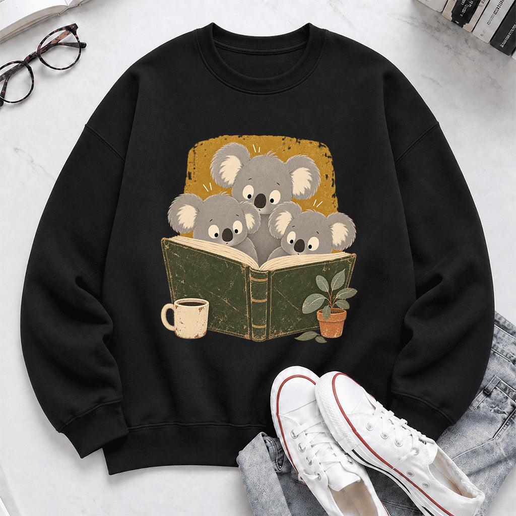 Minimal Japanese Koalas Reading Crewneck Sweatshirt | Reader Gift Black