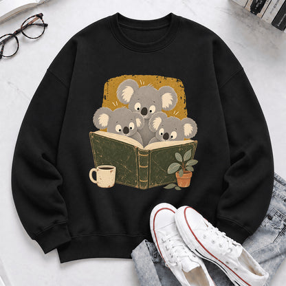 Minimal Japanese Koalas Reading Crewneck Sweatshirt | Reader Gift Black