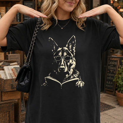 German Shepherd Reading Book Softstyle T-Shirt | Book Lover Gift Black