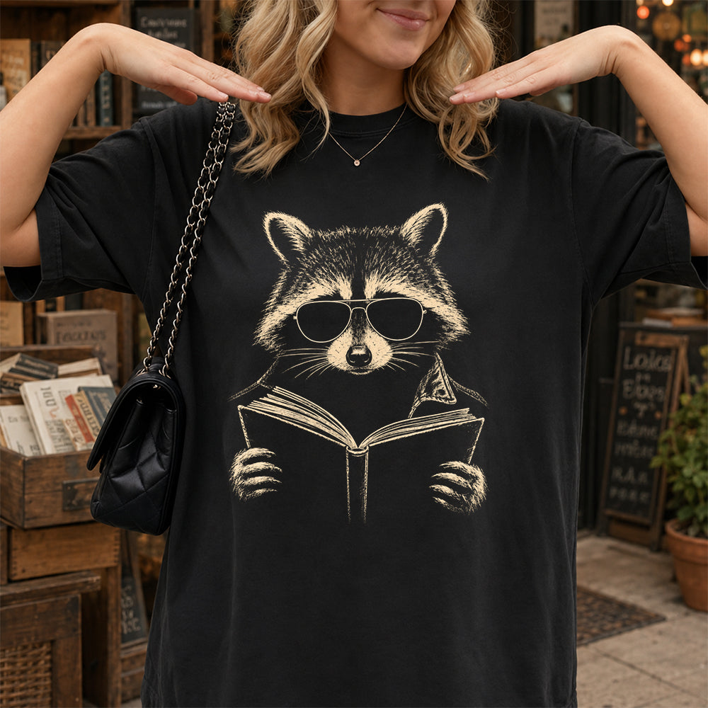 Raccoon Reading Book Softstyle T-Shirt | Book Lover Gift Black