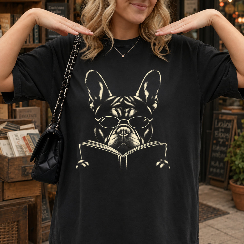 French Bulldog Reading Book Softstyle T-Shirt | Book Lover Gift Black