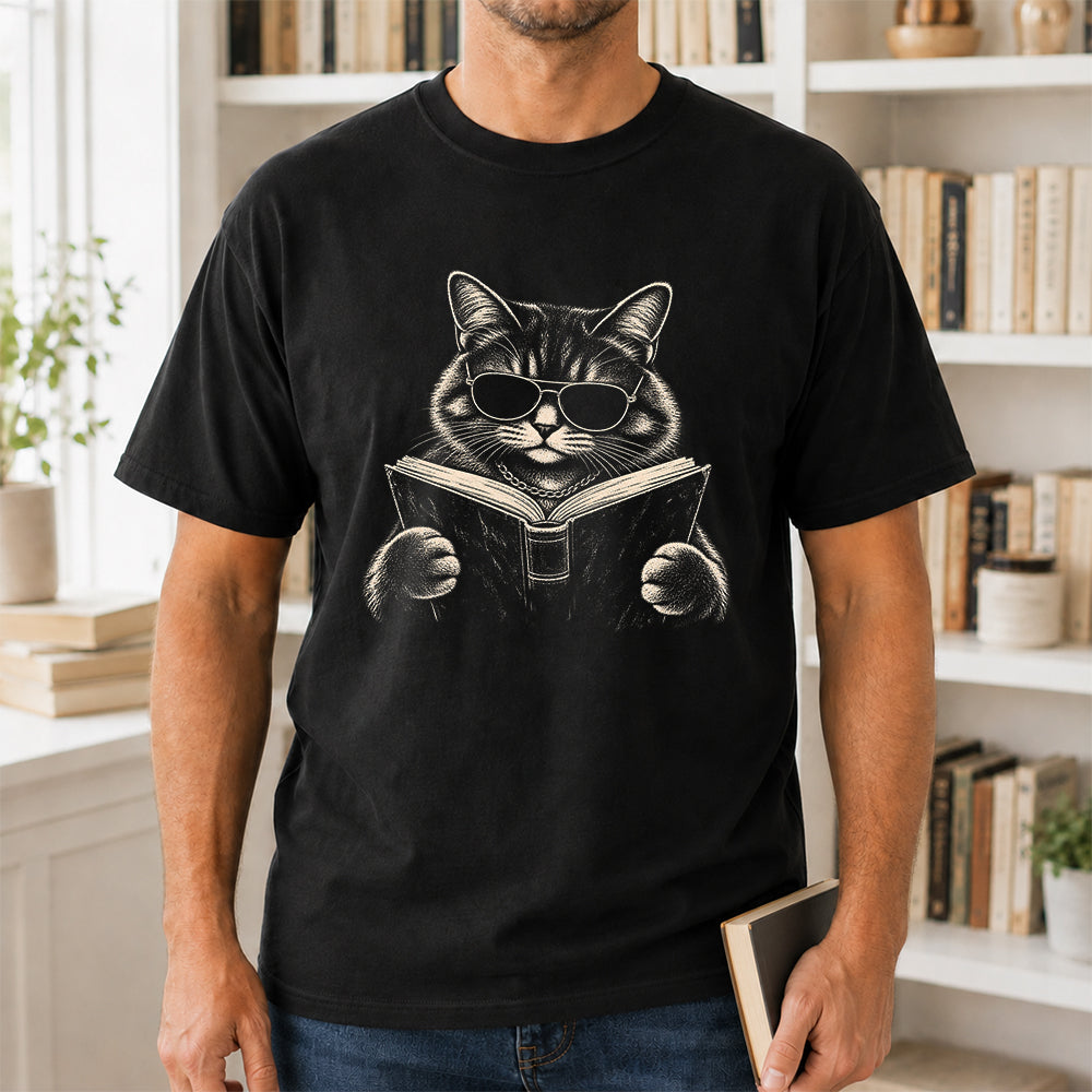Cat Reading Book Softstyle T-Shirt | Book Lover Gift Black