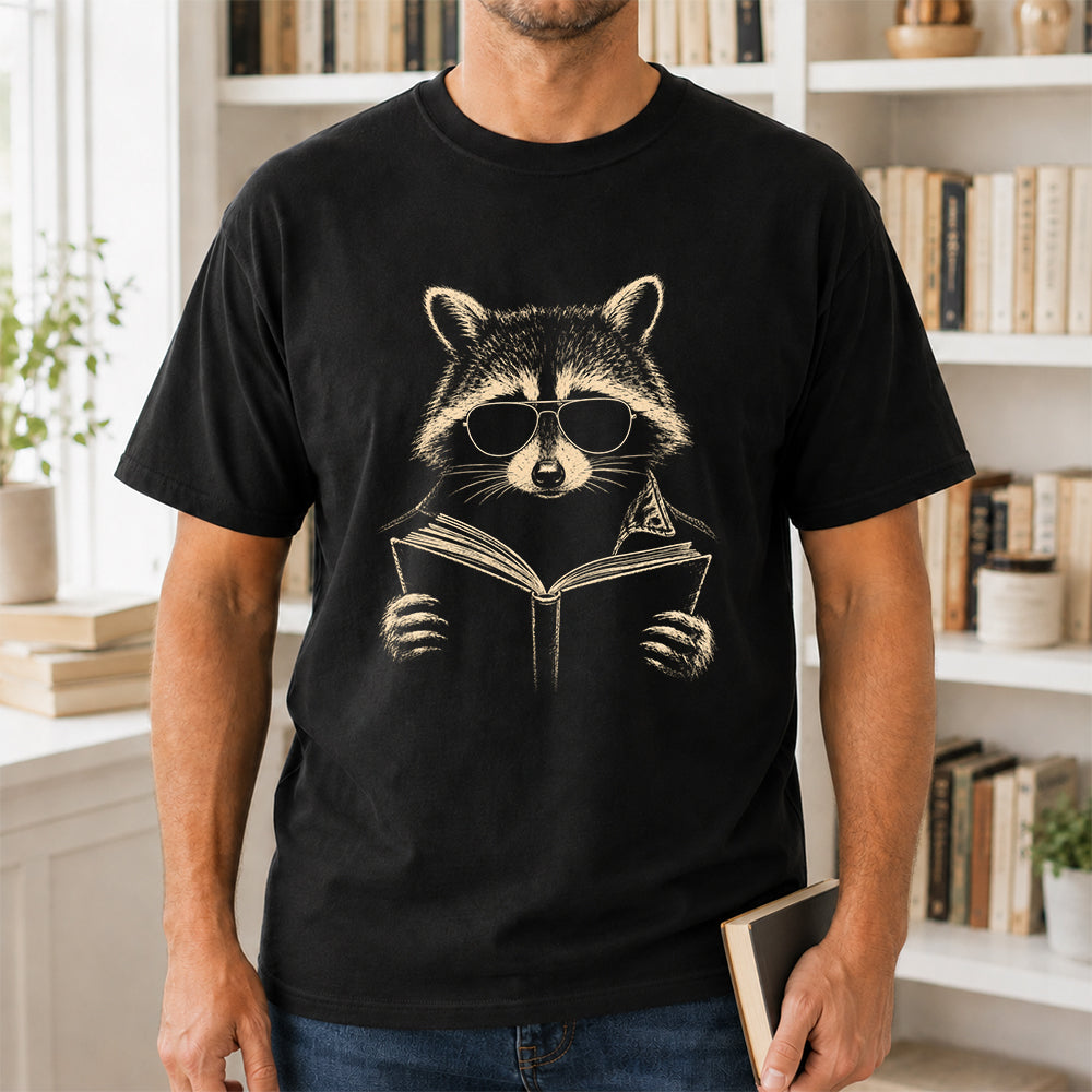 Raccoon Reading Book Softstyle T-Shirt | Book Lover Gift Black