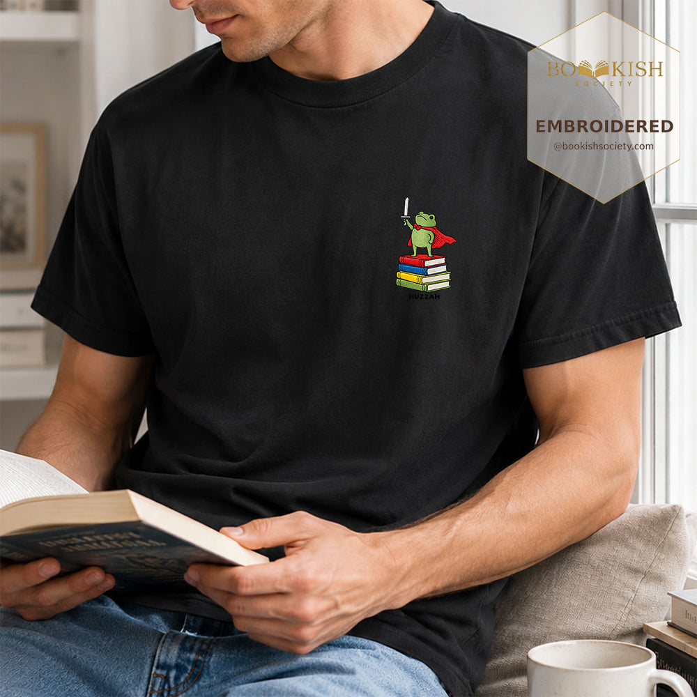 Embroidered Huzzah Cute Frog Comfort Color ® T-shirt Book Lover Gift Black