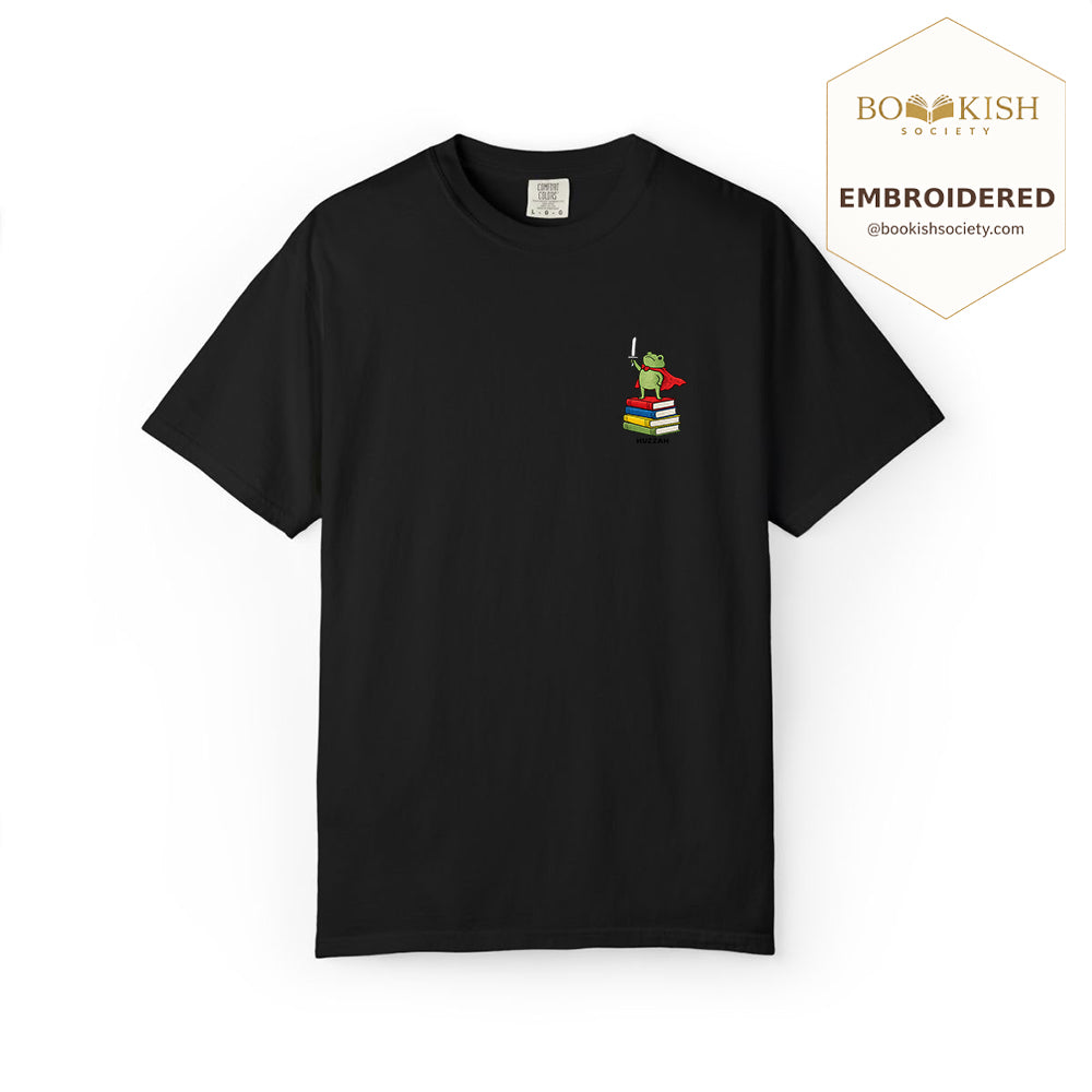 Embroidered Huzzah Cute Frog Comfort Color ® T-shirt Book Lover Gift Black