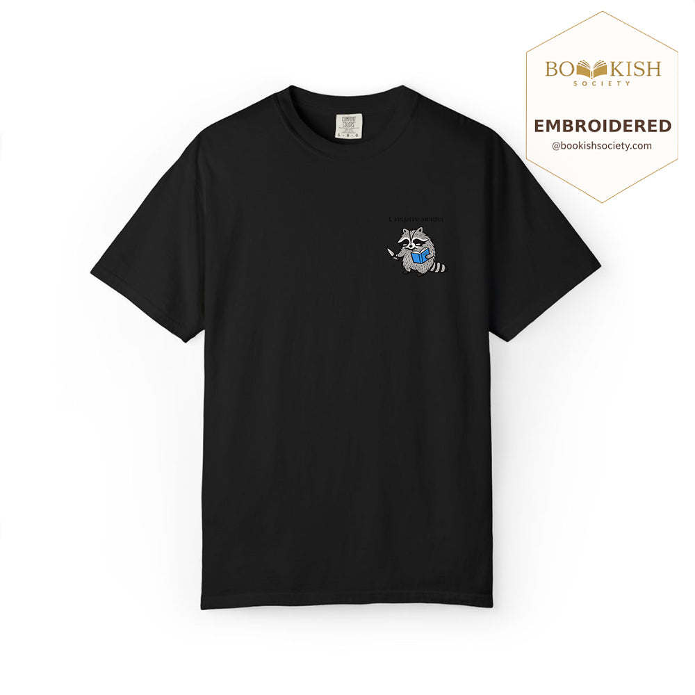Embroidered I Require Snacks Comfort Color ® T-shirt Book Lover Gift Black