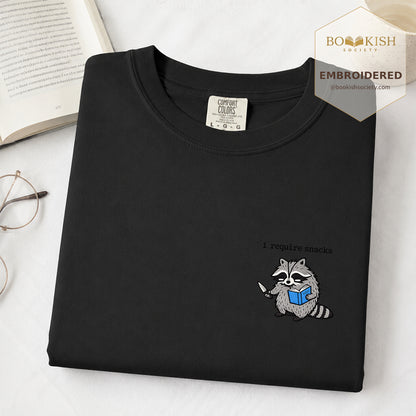 Embroidered I Require Snacks Comfort Color ® T-shirt Book Lover Gift Black