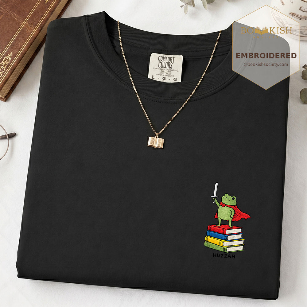 Embroidered Huzzah Cute Frog Comfort Color ® T-shirt Book Lover Gift Black