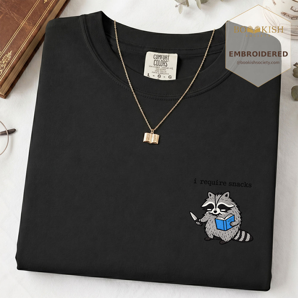 Embroidered I Require Snacks Comfort Color ® T-shirt Book Lover Gift Black