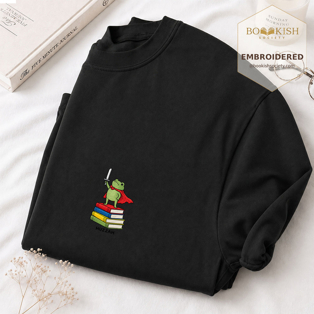Embroidered Huzzah Cute Frog Comfort Color ® T-shirt Book Lover Gift Black