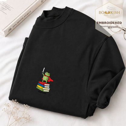Embroidered Huzzah Cute Frog Comfort Color ® T-shirt Book Lover Gift Black