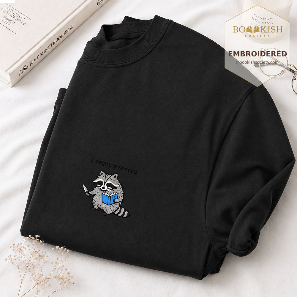 Embroidered I Require Snacks Comfort Color ® T-shirt Book Lover Gift Black