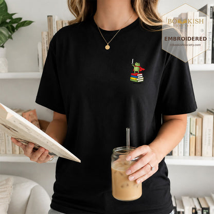 Embroidered Huzzah Cute Frog Comfort Color ® T-shirt Book Lover Gift Black