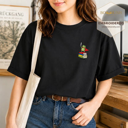 Embroidered Huzzah Cute Frog Comfort Color ® T-shirt Book Lover Gift Black