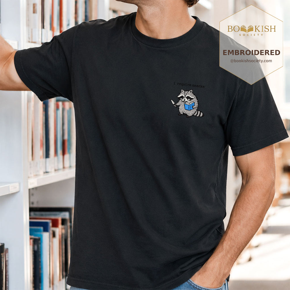 Embroidered I Require Snacks Comfort Color ® T-shirt Book Lover Gift Black