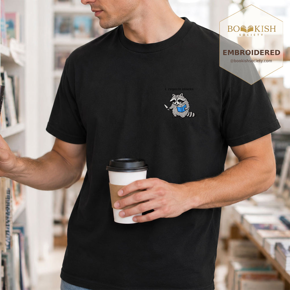 Embroidered I Require Snacks Comfort Color ® T-shirt Book Lover Gift Black