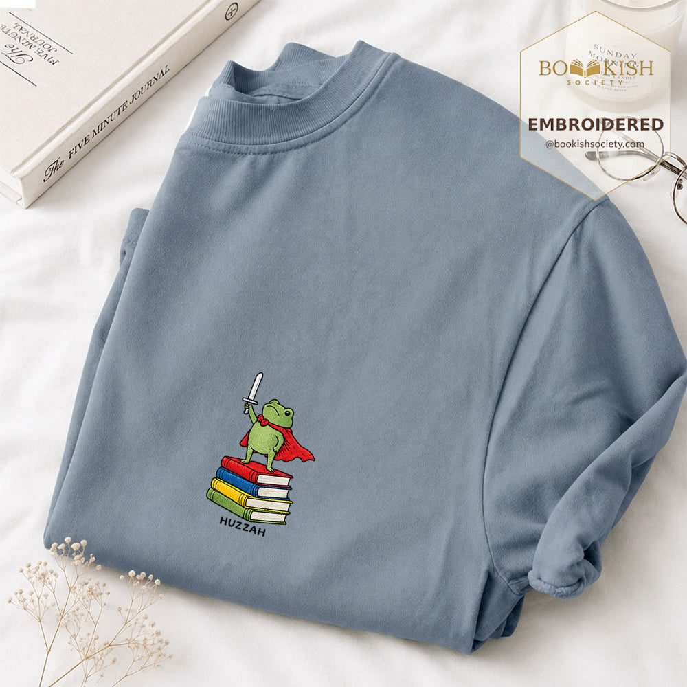 Embroidered Huzzah Cute Frog Comfort Color ® T-shirt Book Lover Gift Blue Jean