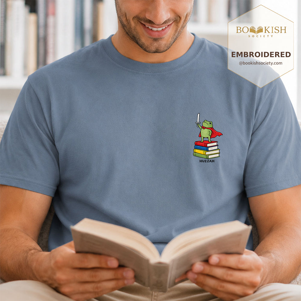 Embroidered Huzzah Cute Frog Comfort Color ® T-shirt Book Lover Gift Blue Jean