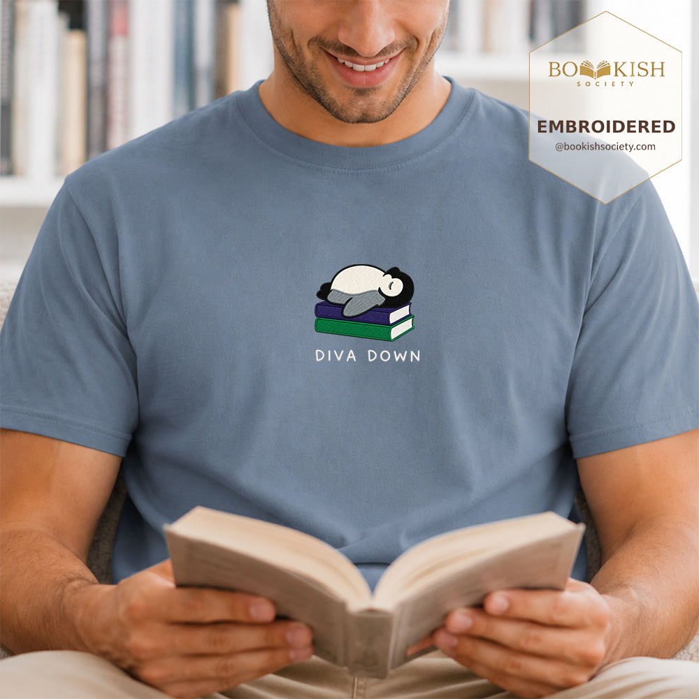 Embroidered Diva Down Penguin Comfort Color® T-shirt Book Lover Gift Blue Jean