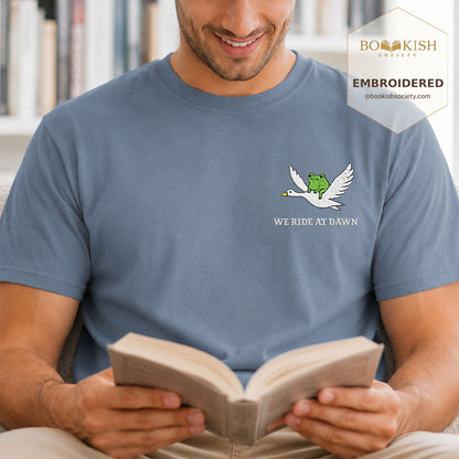 Embroidered We Ride at Dawn Comfort Color ® T-shirt Book Lover Gift Blue Jean