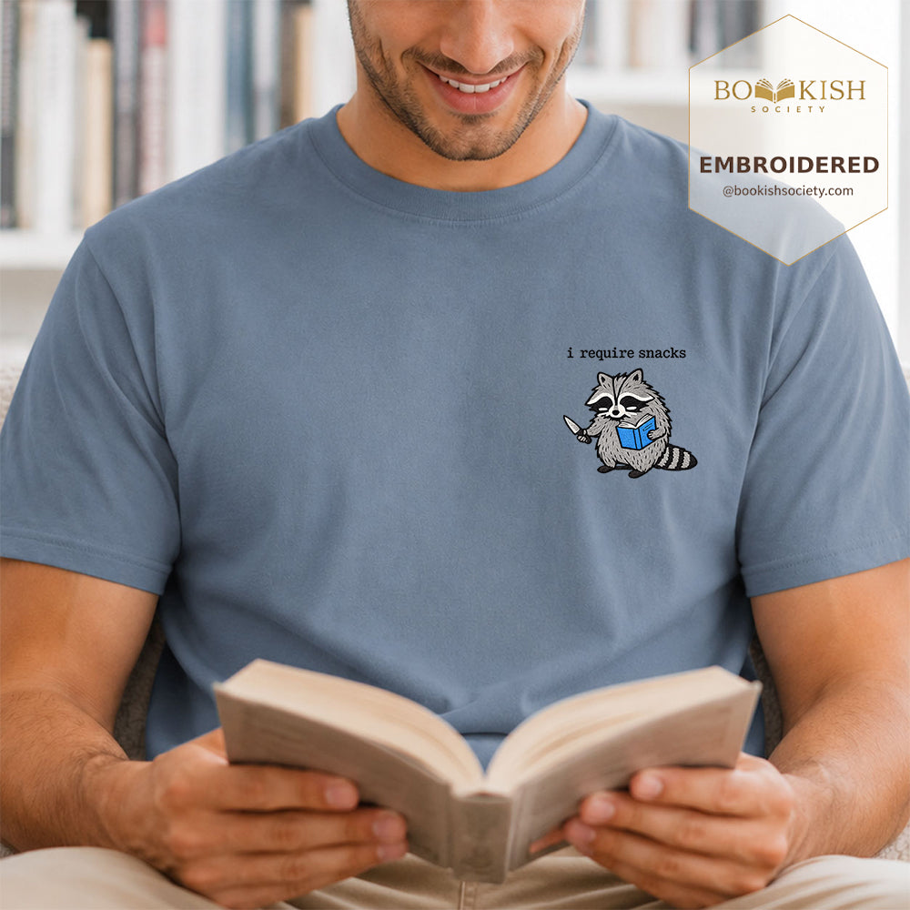 Embroidered I Require Snacks Comfort Color ® T-shirt Book Lover Gift Blue Jean