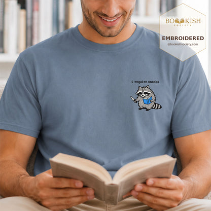 Embroidered I Require Snacks Comfort Color ® T-shirt Book Lover Gift Blue Jean