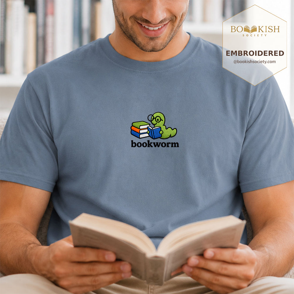 Embroidered Bookworm Comfort Color ® T-shirt Book Lover Gift Blue Jean