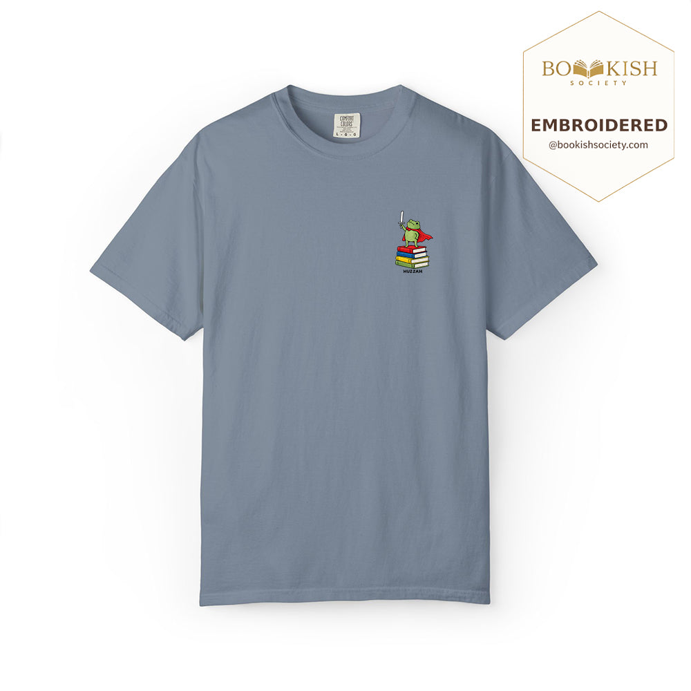Embroidered Huzzah Cute Frog Comfort Color ® T-shirt Book Lover Gift Blue Jean