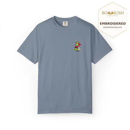 Embroidered Huzzah Cute Frog Comfort Color ® T-shirt Book Lover Gift Blue Jean