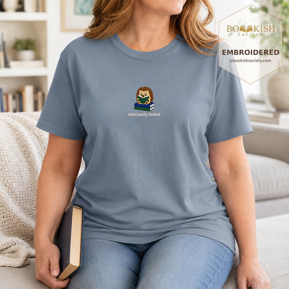 Emotionally Booked Embroidered Comfort Colors® T-shirt | Book Lover Gift Blue Jean