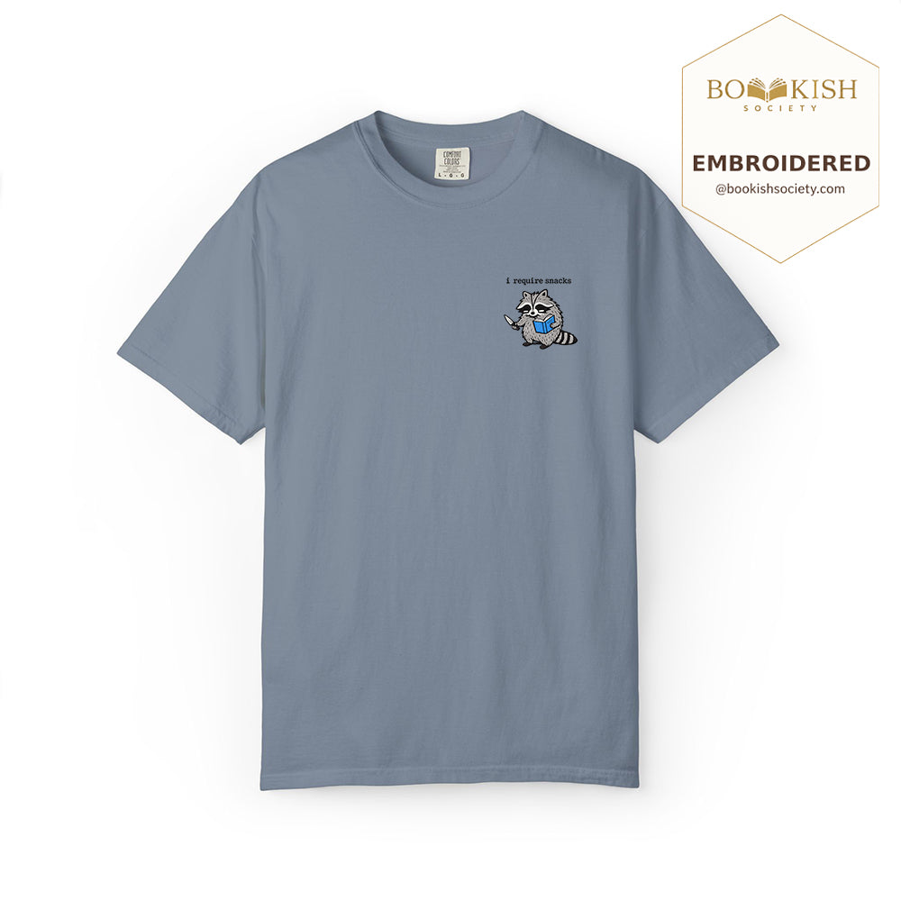 Embroidered I Require Snacks Comfort Color ® T-shirt Book Lover Gift Blue Jean
