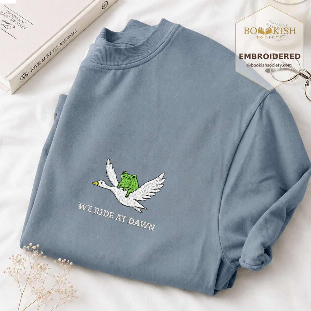 Embroidered We Ride at Dawn Comfort Color ® T-shirt Book Lover Gift Blue Jean
