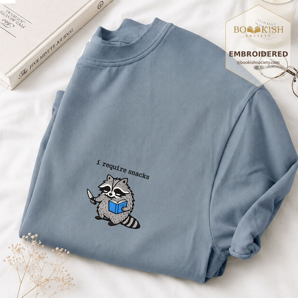Embroidered I Require Snacks Comfort Color ® T-shirt Book Lover Gift Blue Jean